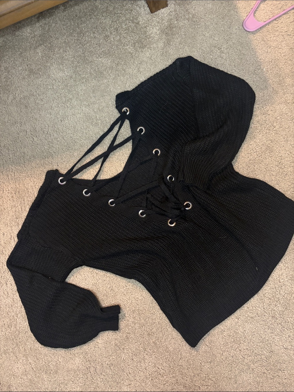 NWOT SHEIN Black Lace-Up V-Neck Knit Sweater